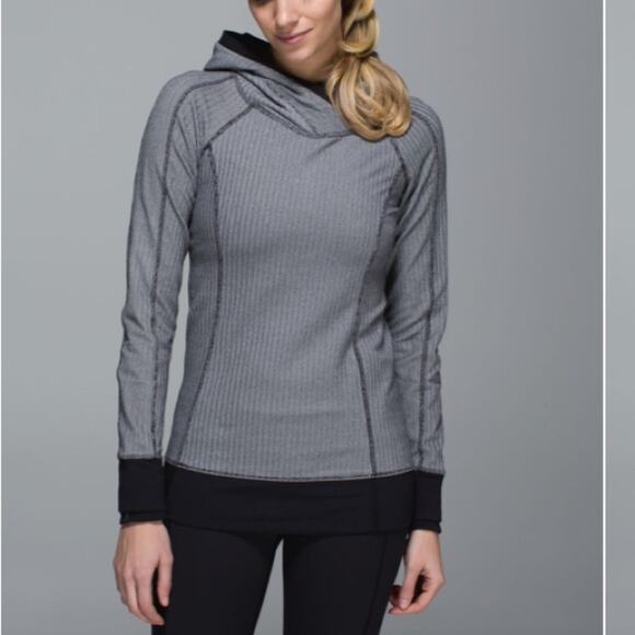 Lululemon size 12 Think Fast Hoodie black gray cowl herringbone pullover silver - Picture 1 of 12